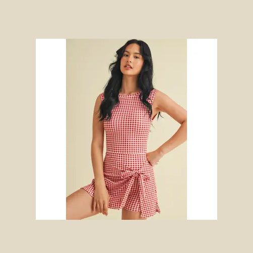 Gingham Print Wrap Tie Dress