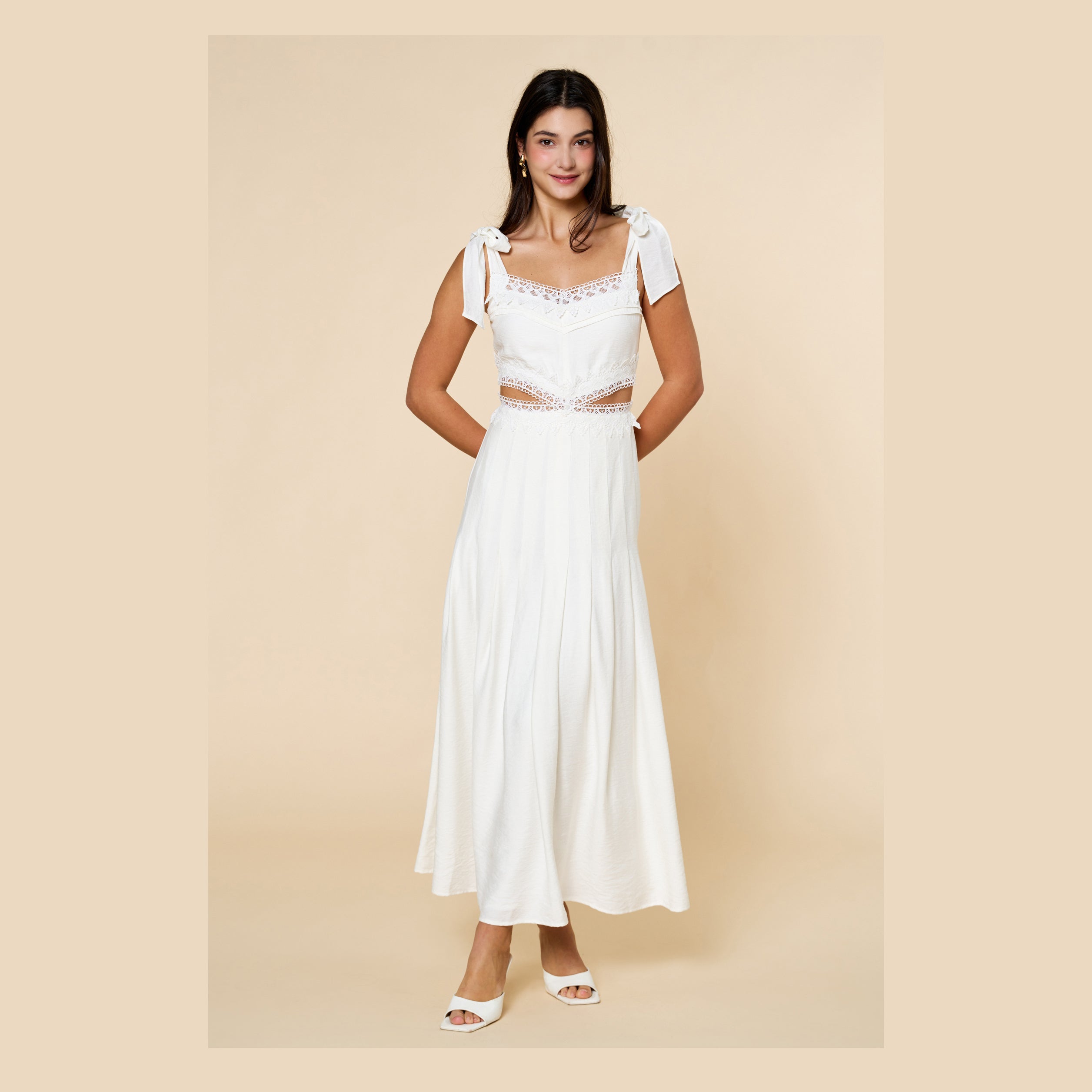 Lacey Cut Out Shoulder Tie Maxi Dress
