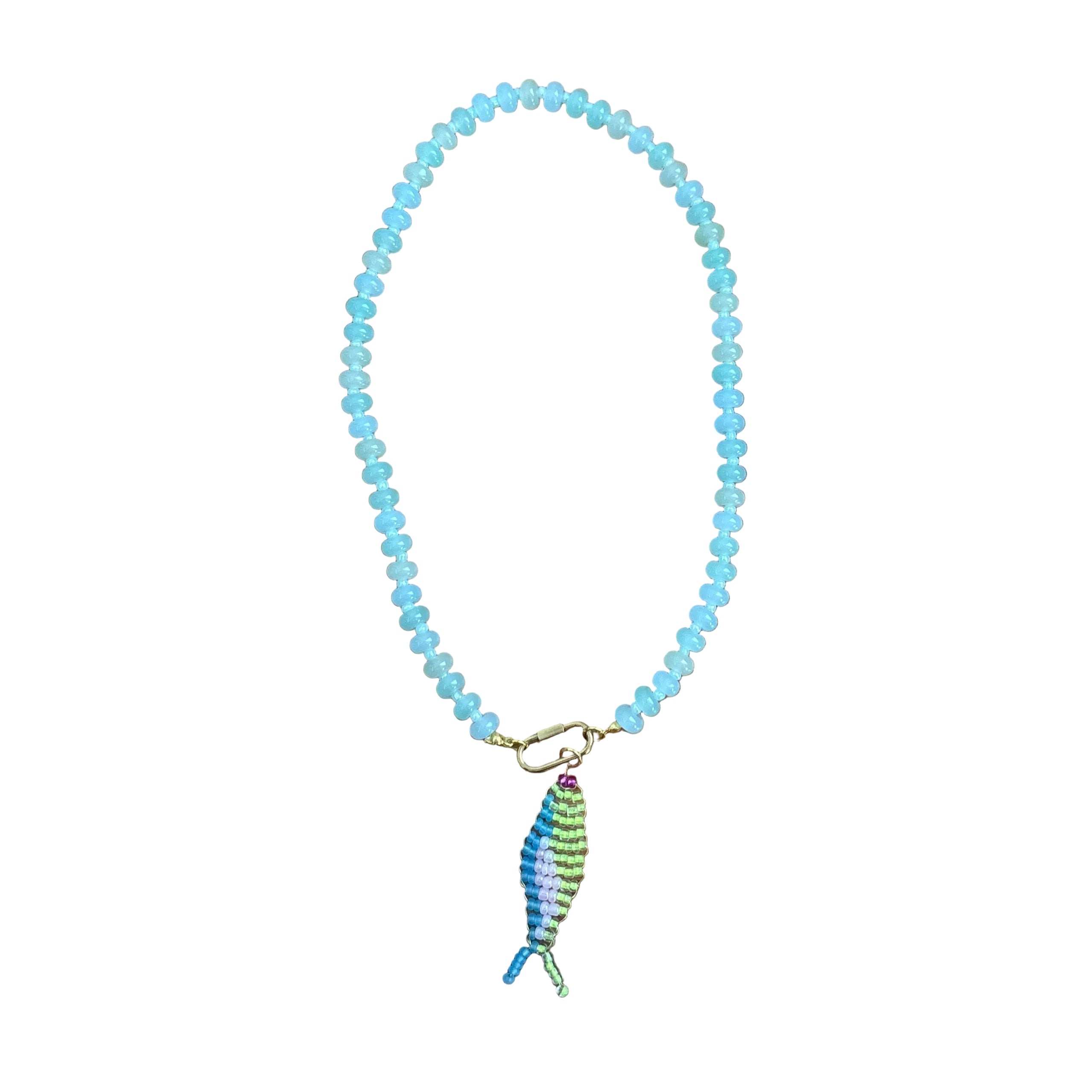 Hand beaded fish necklace-light blue
