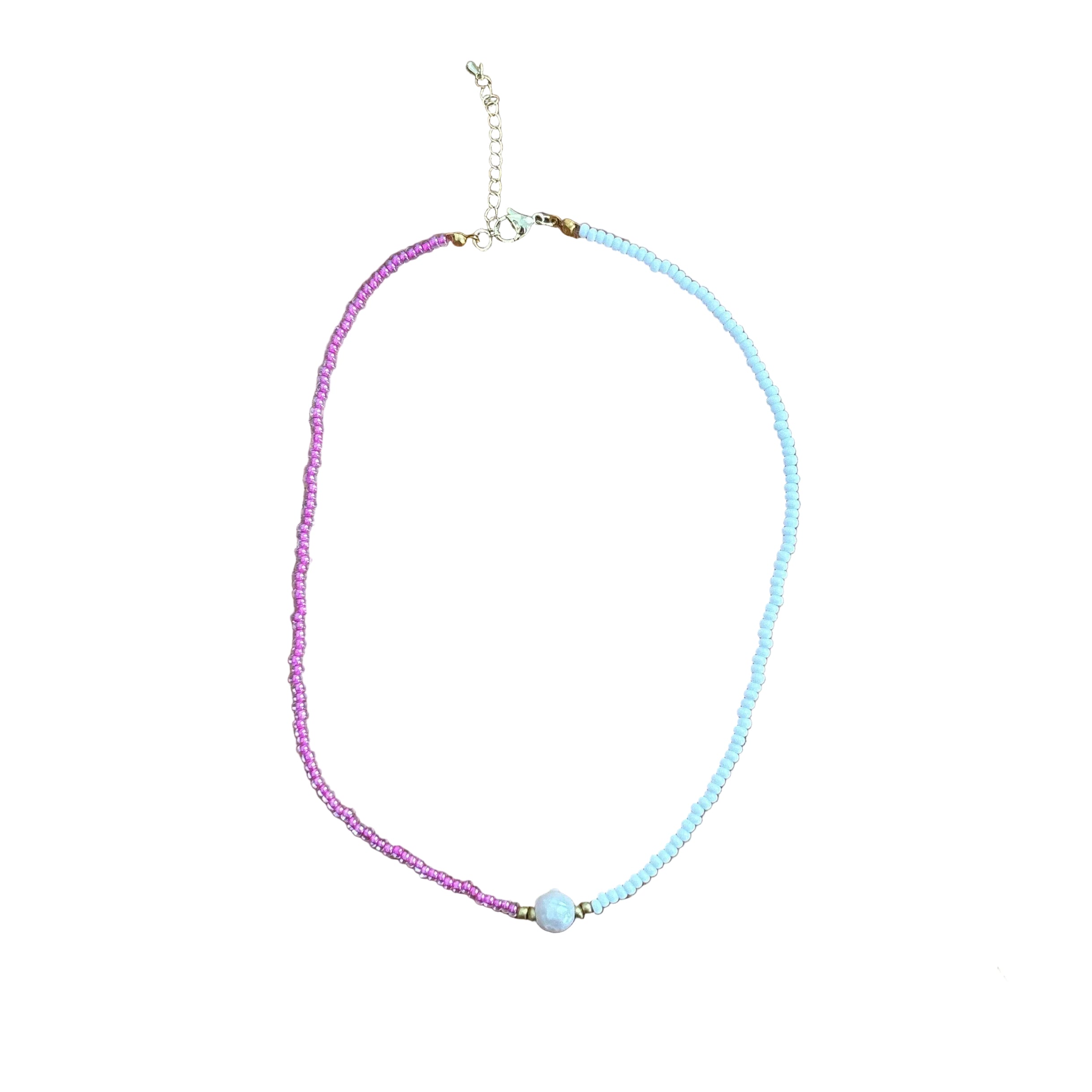 Hand beaded pearl necklace-hot pink/white