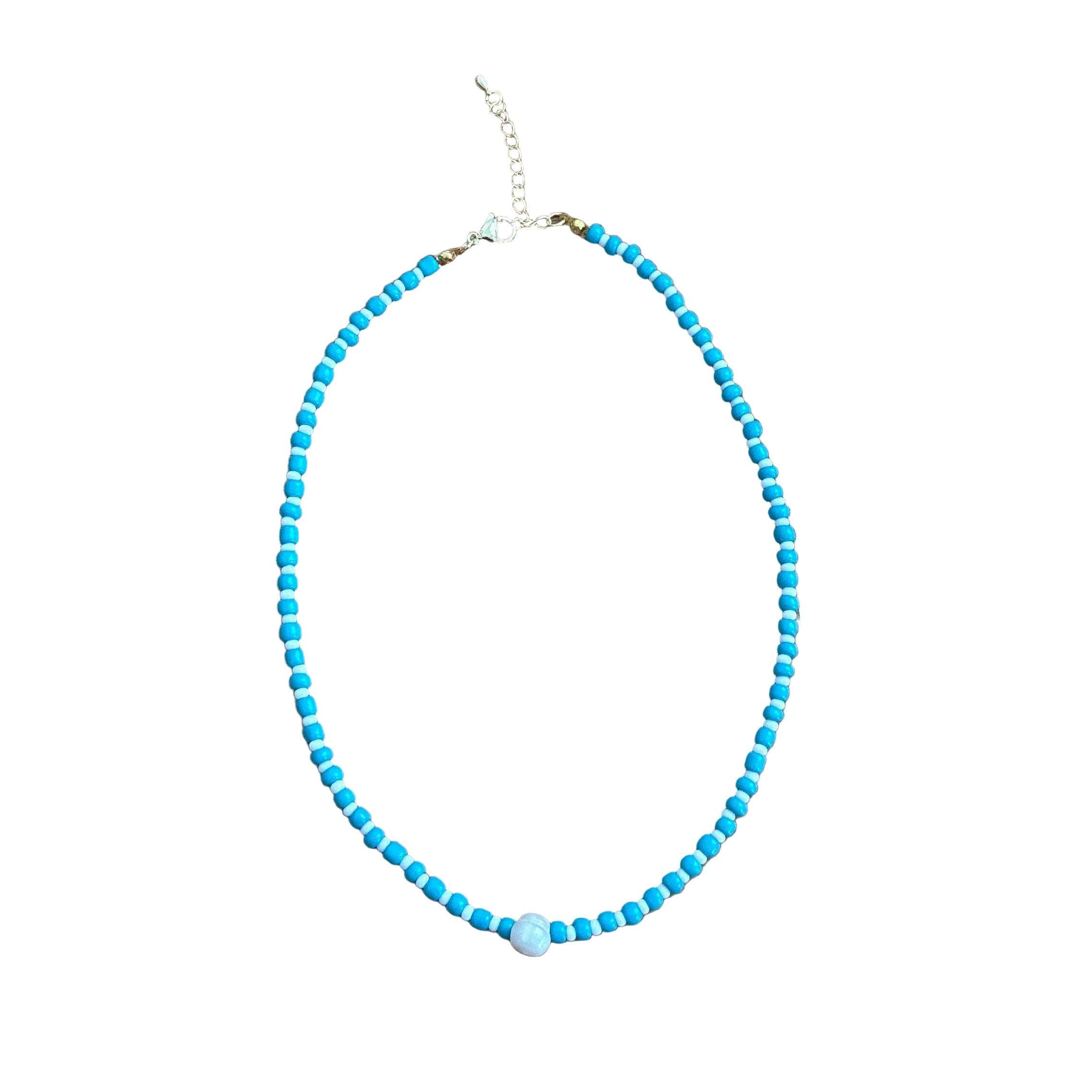 Hand beaded pearl necklace-turquoise/white