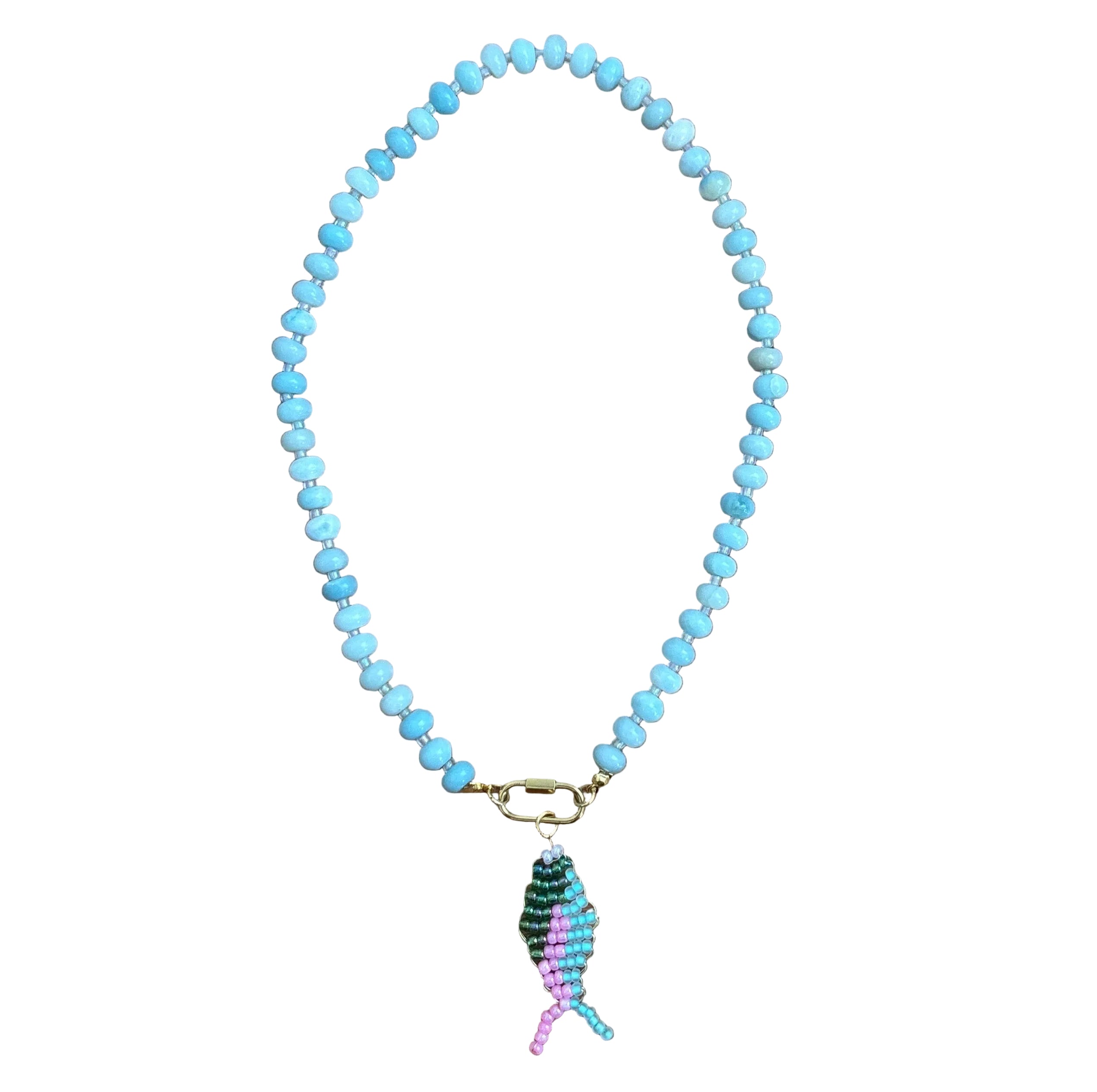 Hand beaded fish necklace-light blue