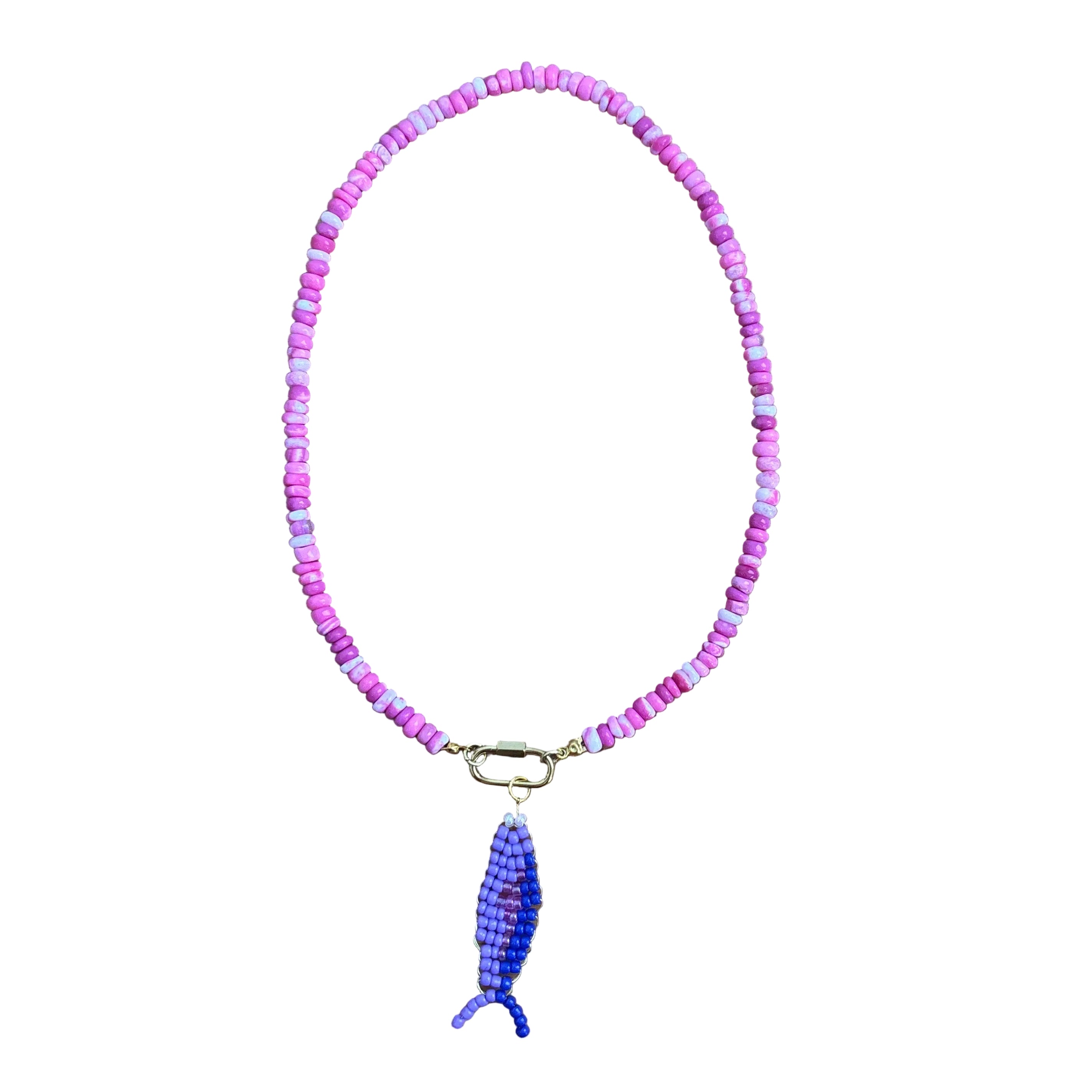 Hand beaded fish necklace-hot pink