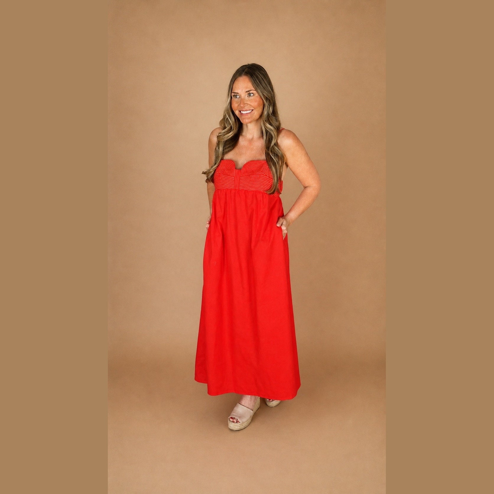 Red Linen Midi Dress