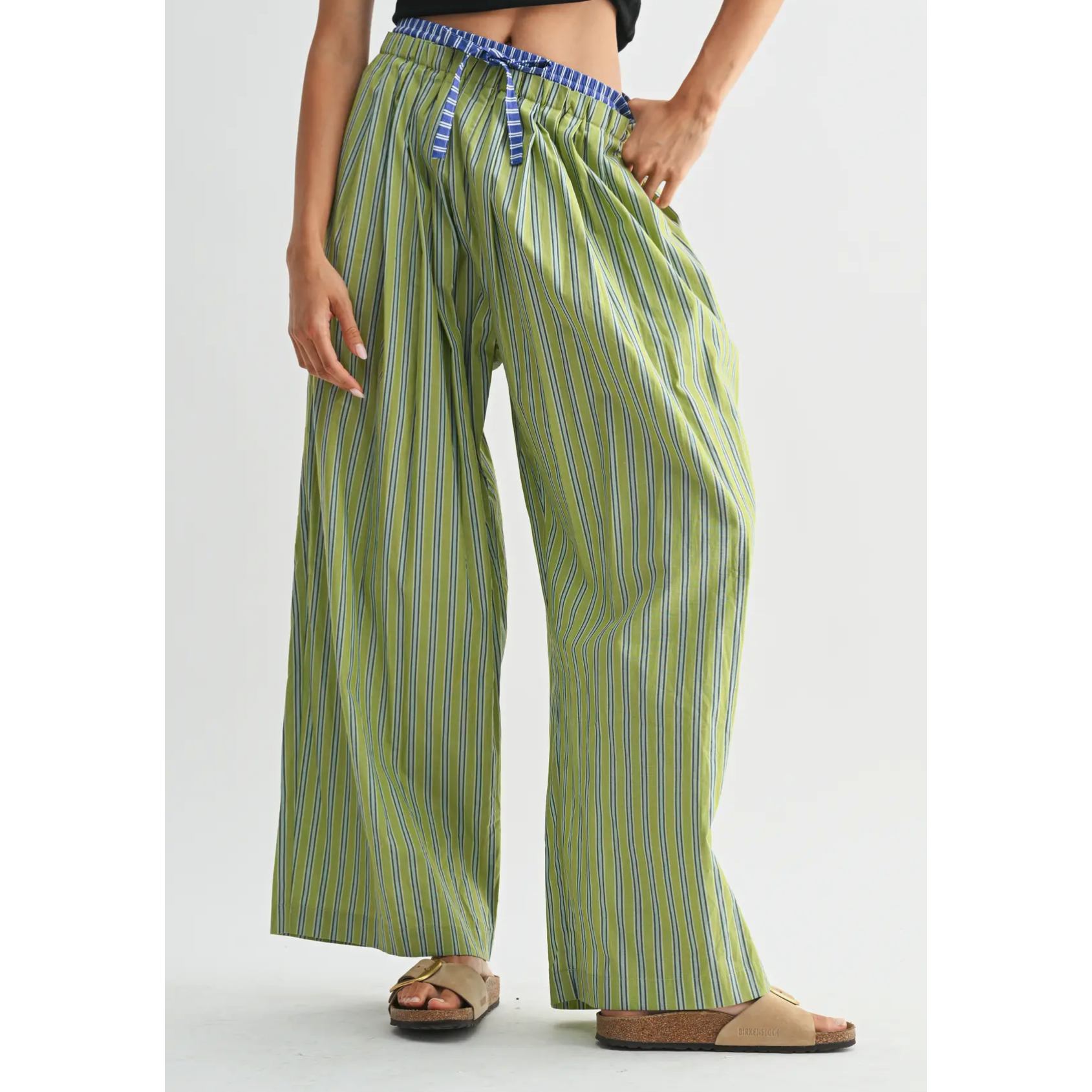 Wide Leg Trousers-Green Stripe